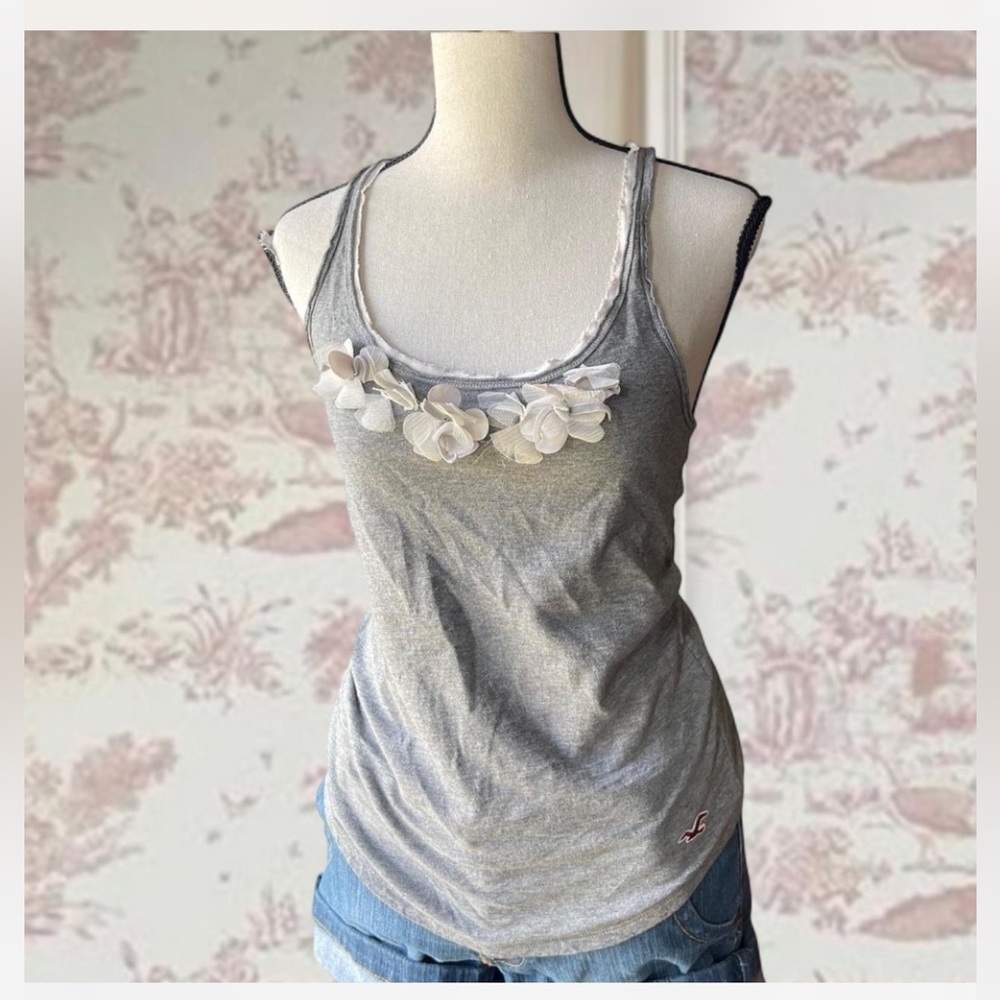 Hollister Gray Tank Top with Floral Accents